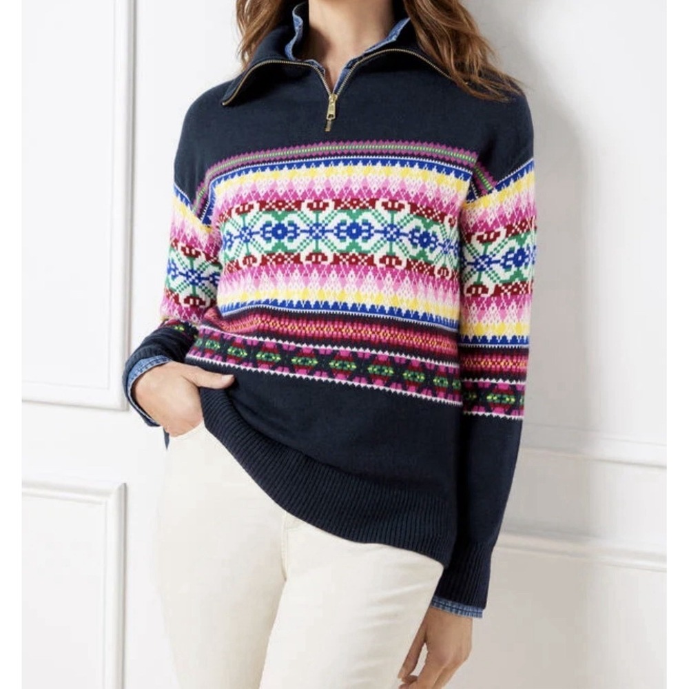 Talbots Women's Sweater Size M Stripe Fair Isle Long Sleeve Half Zip Multicolor‎
